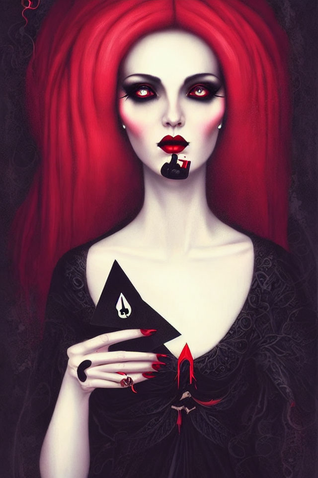 Stylized illustration of woman with red hair and spade card