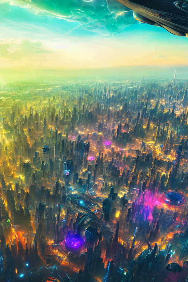 Futuristic cityscape with towering skyscrapers and glowing neon accents