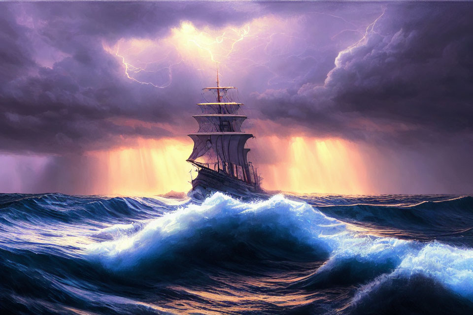 Tall ship sailing in stormy seas with lightning and rain