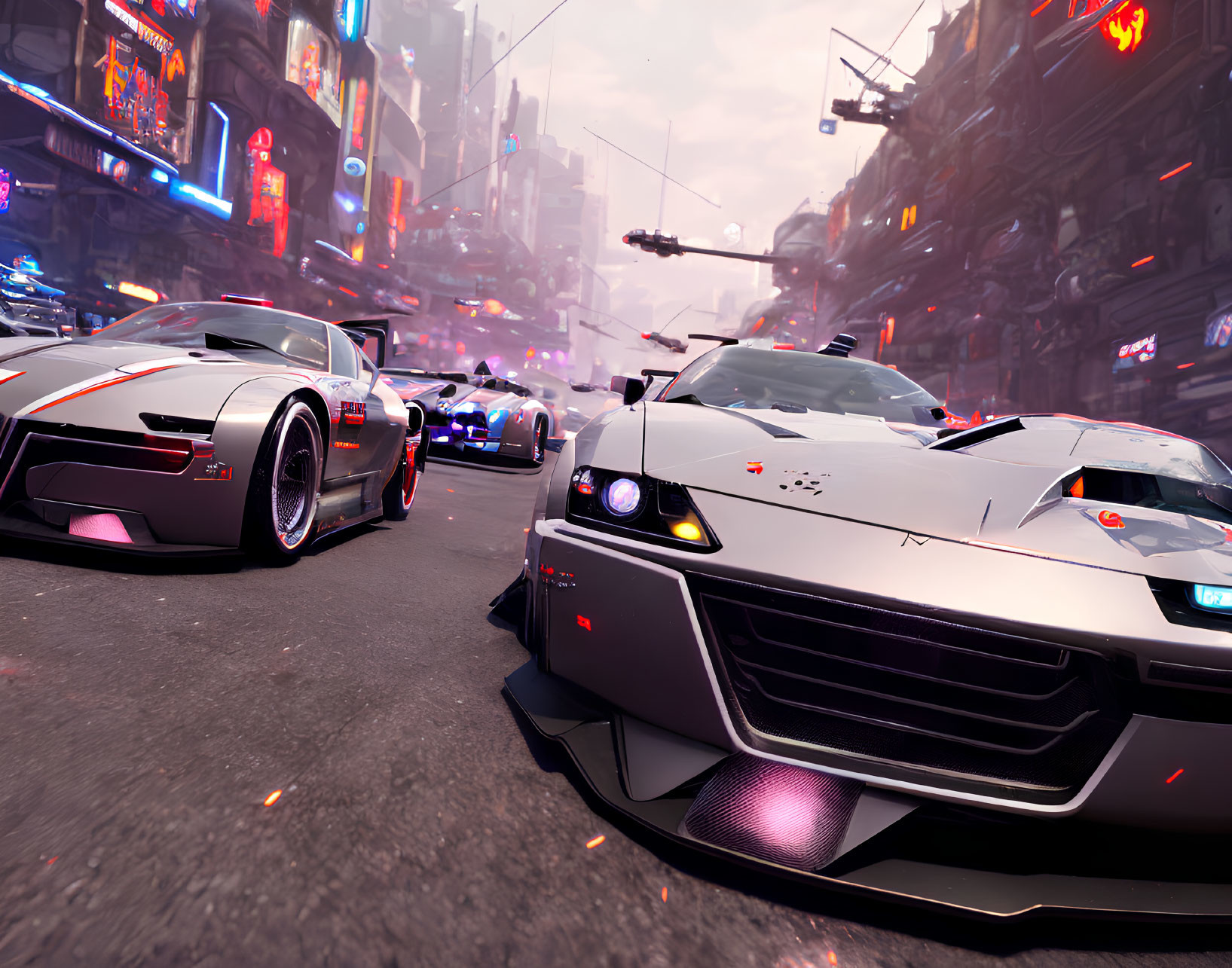 Neon-lit futuristic cityscape with flying vehicles and sleek racing cars