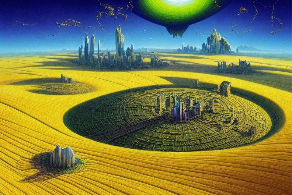 Fantastical landscape with crop circle designs, futuristic cities, and looming planet.