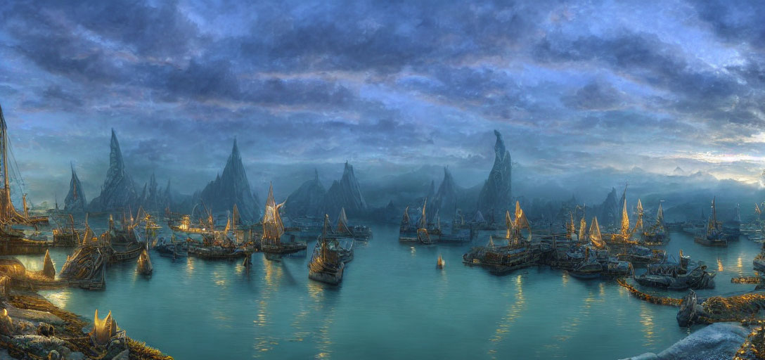 Fantasy harbor scene with tall ships, rocks, and dramatic sky at sunrise or sunset