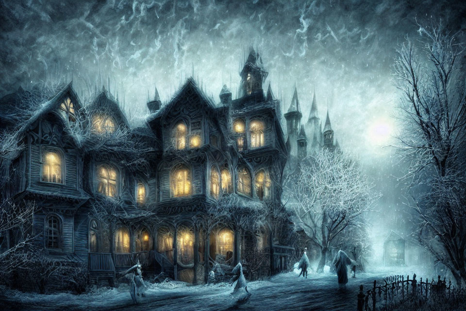 Spooky Victorian-style mansion at night with ghostly figures & misty atmosphere