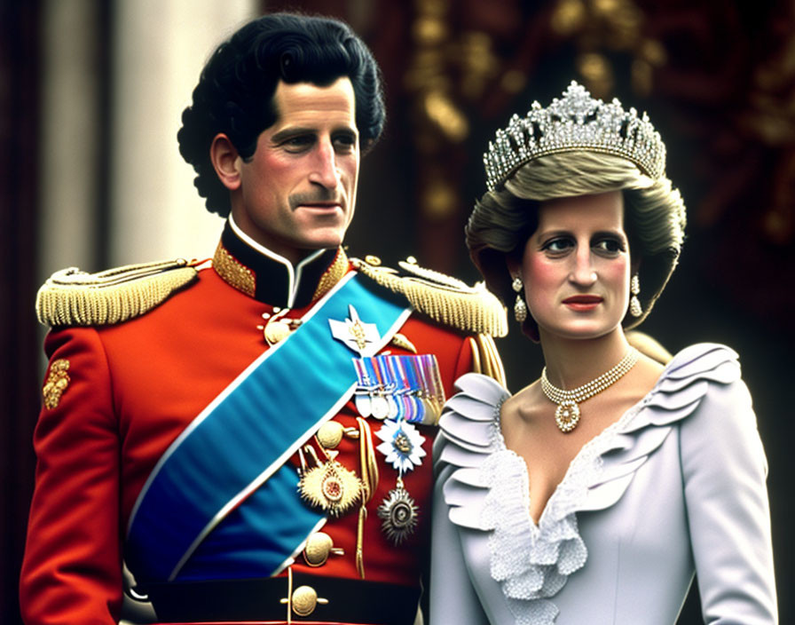 Military man with medals and woman in gown with tiara standing together