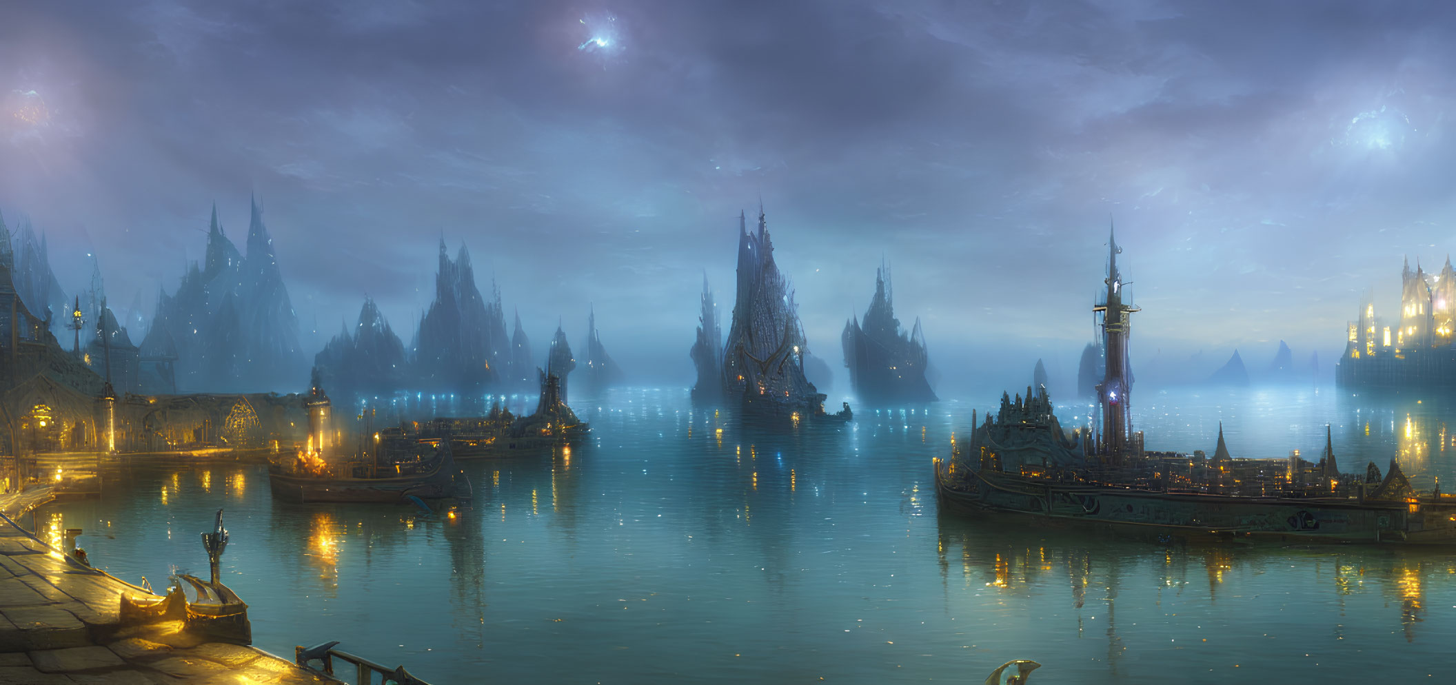 Mystical harbor with illuminated spires and boats at twilight