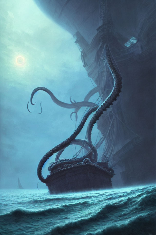 Gigantic tentacled creature envelops shipwreck in misty ocean scene