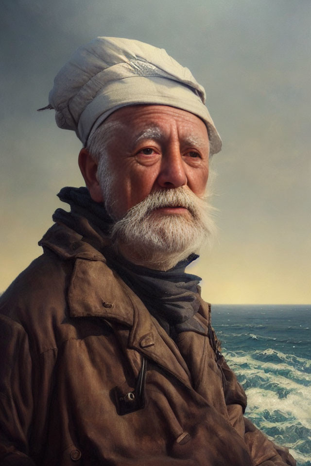 Elderly Man Portrait with Turban and Sea Background