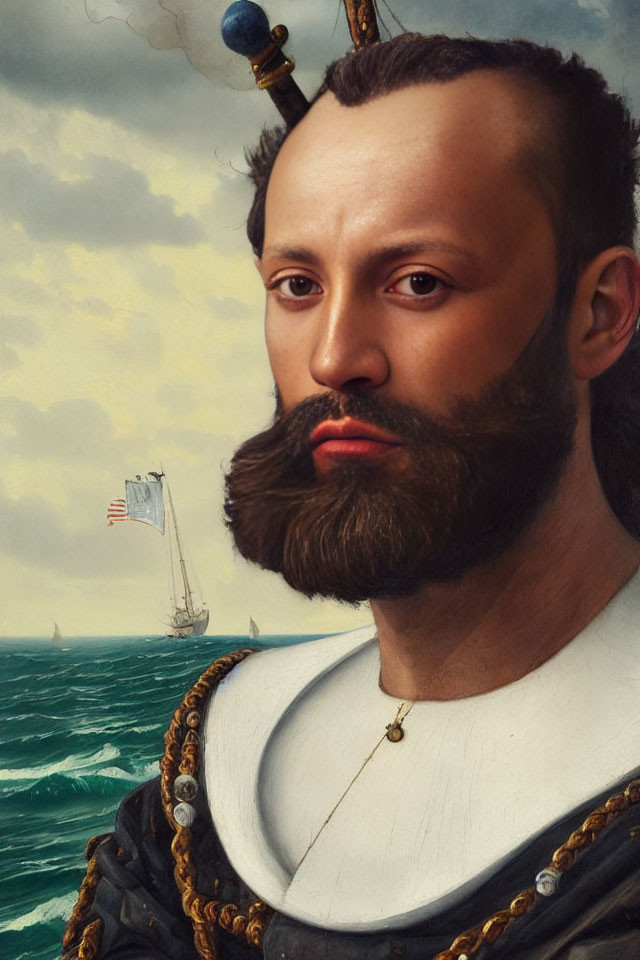 Historical painting of bearded man in maritime setting