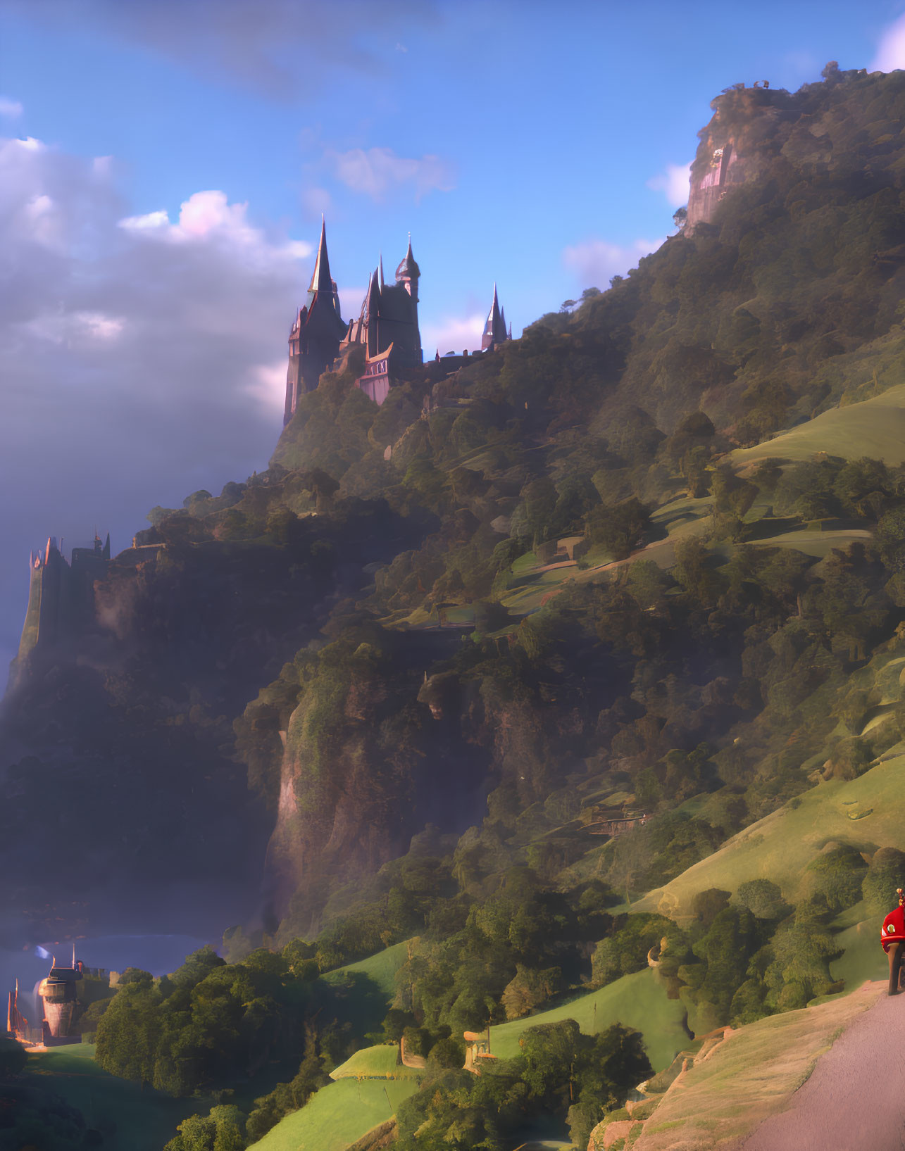 Majestic castle on green cliff under warm sunlight with person in red