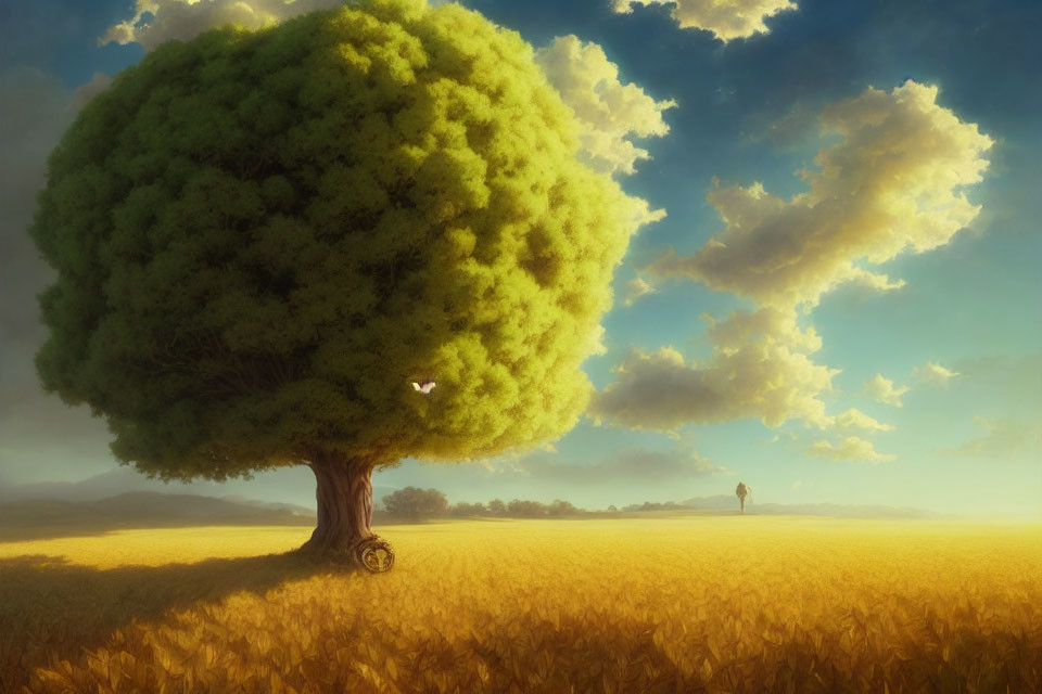 Lush green tree in wheat field with billowy clouds and person walking away