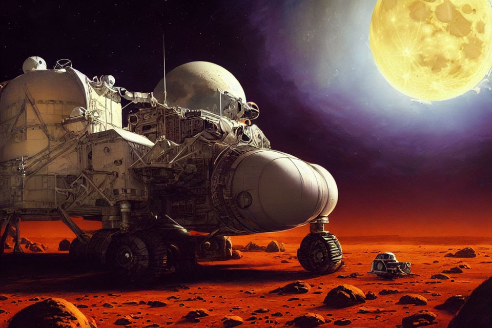 Futuristic rover with habitat module on red alien landscape