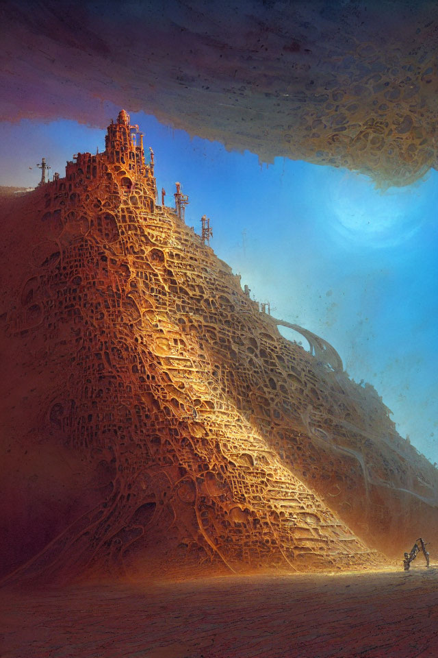 Fantastical landscape with towering hive-like structure under celestial body