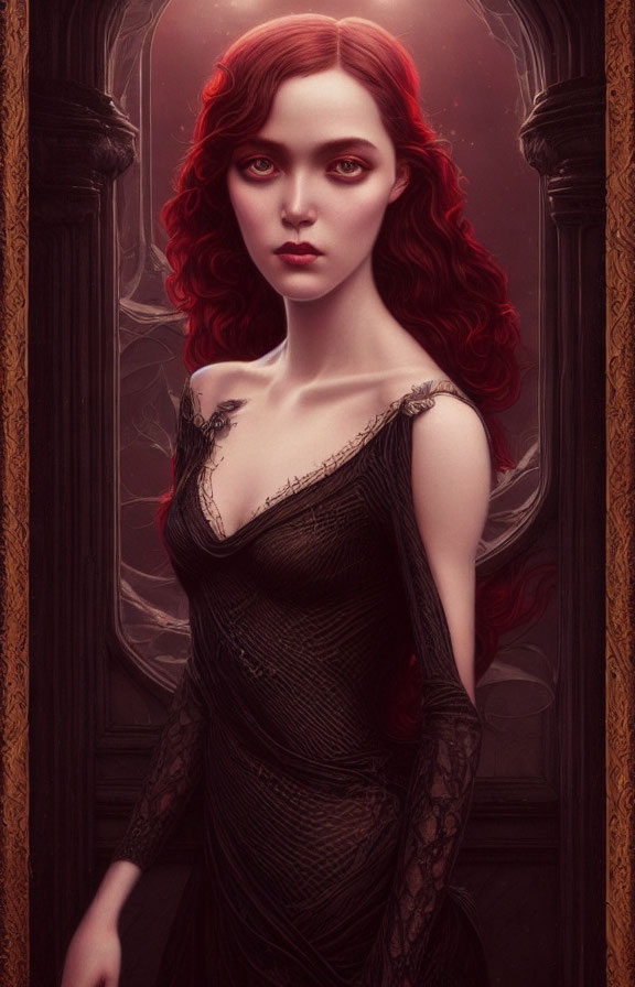 Striking red-haired woman in black lace dress in ornate setting