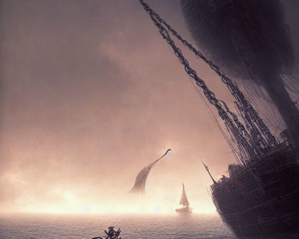 Fantastical art: Ship pulled by sea creature in gloomy sky