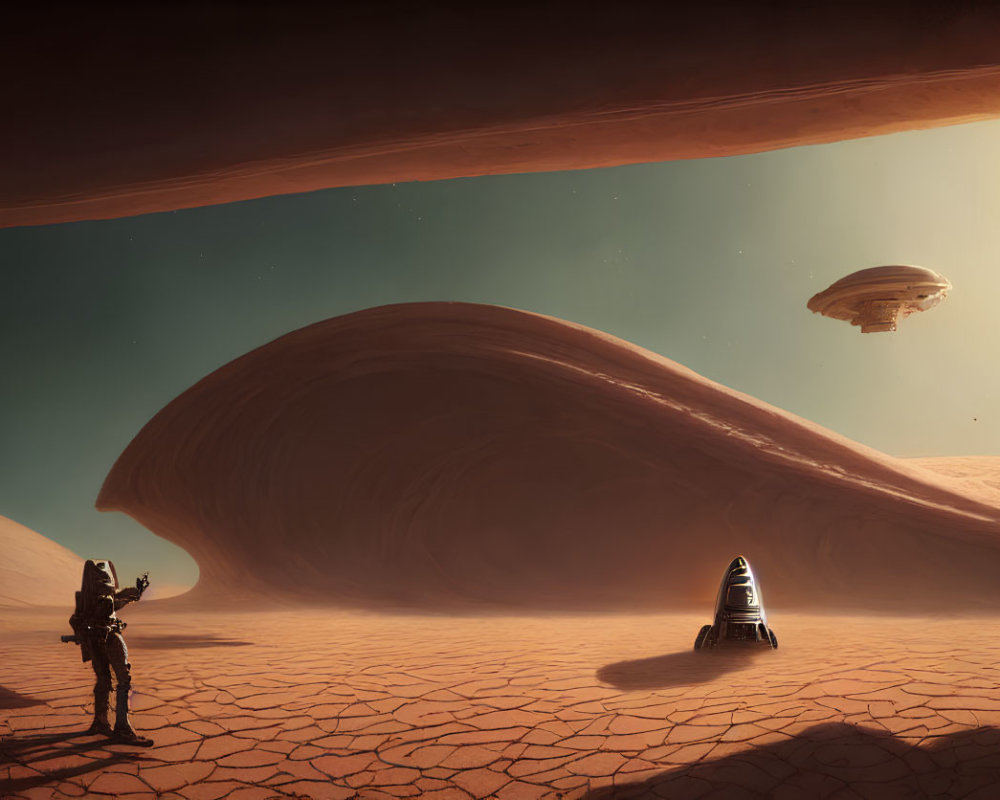 Astronaut pointing at hovering spaceship on alien desert planet