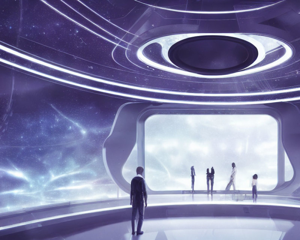 Futuristic circular room with silhouetted figures and cosmic view