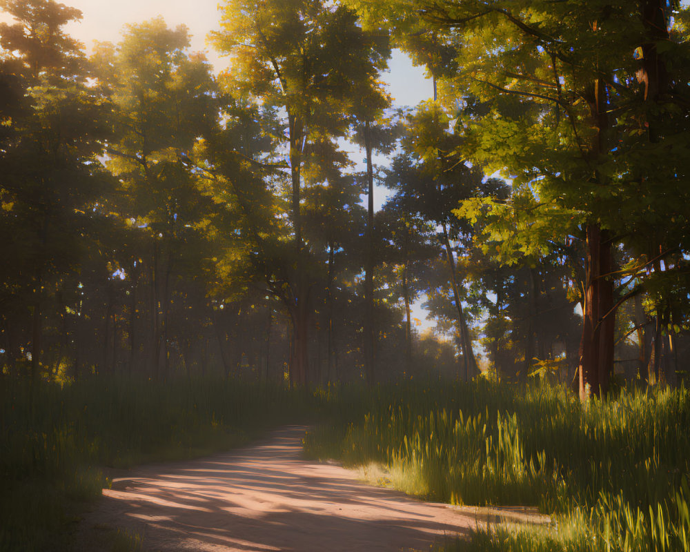 Tranquil Forest Path with Towering Trees and Lush Greenery