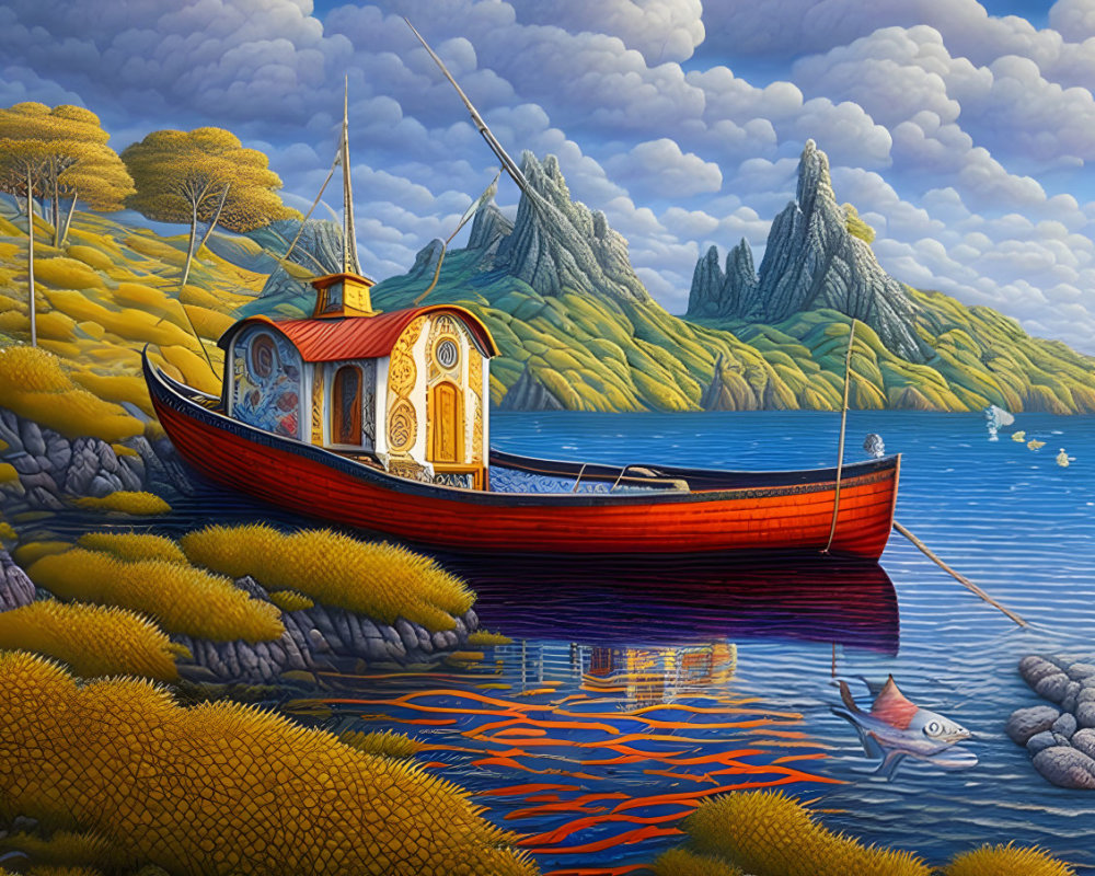 Colorful painting of red boat on calm water with lush hills and blue sky