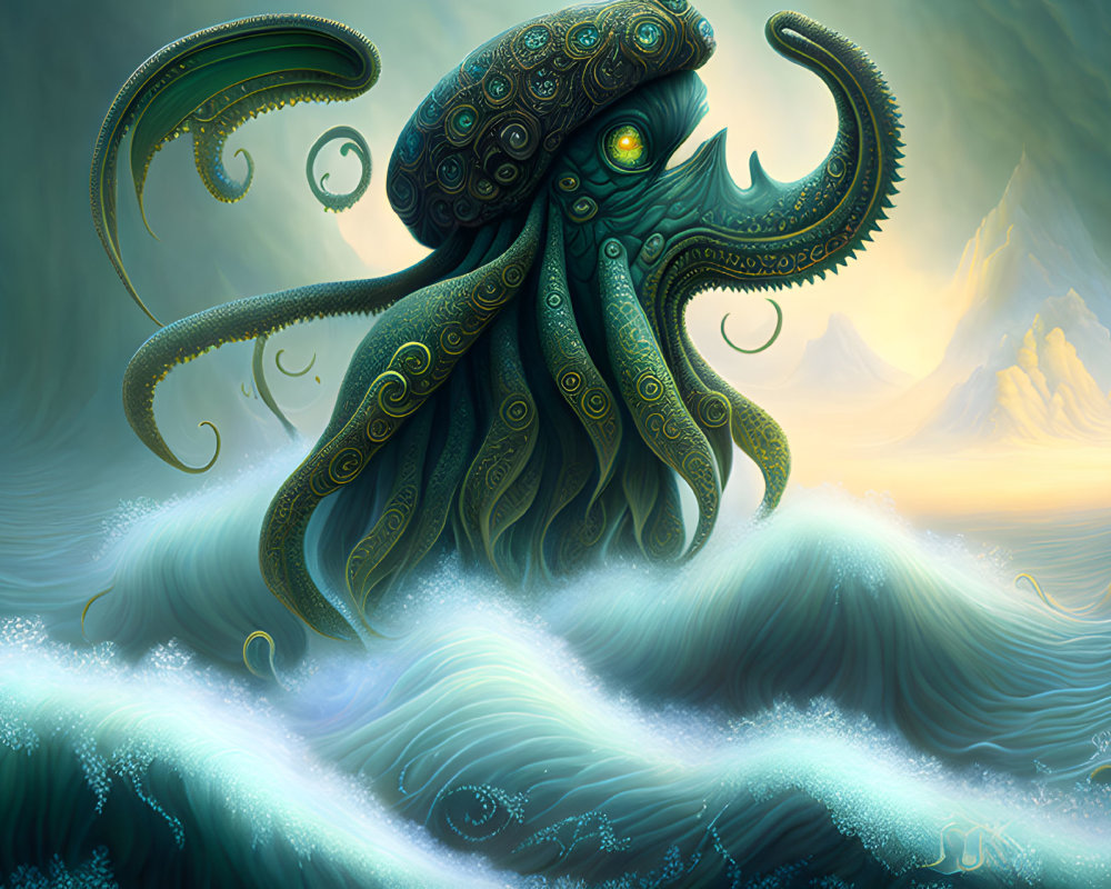 Detailed illustration of mythical octopus-like creature in churning ocean waves under misty mountains