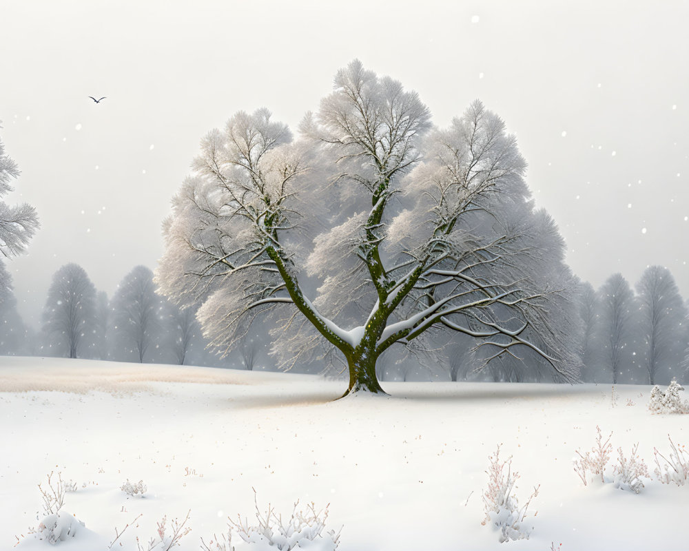 Snow-covered tree in serene winter landscape surrounded by frosted trees