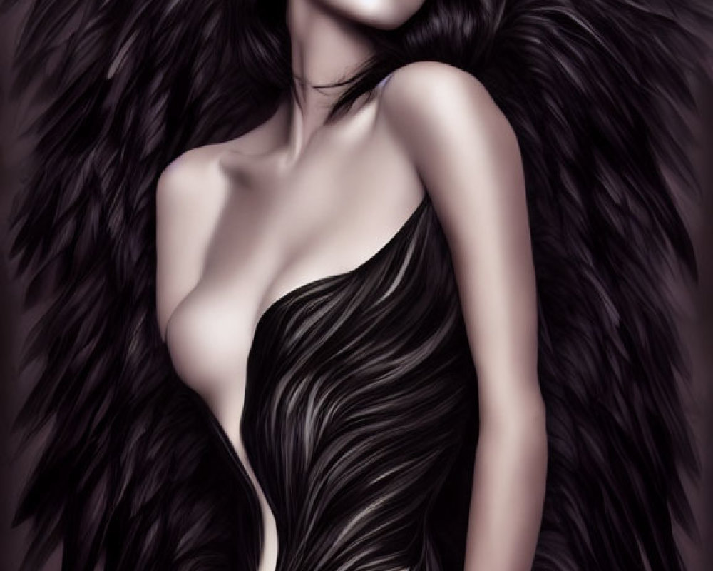 Dark angel woman with flowing black dress and dramatic makeup gaze