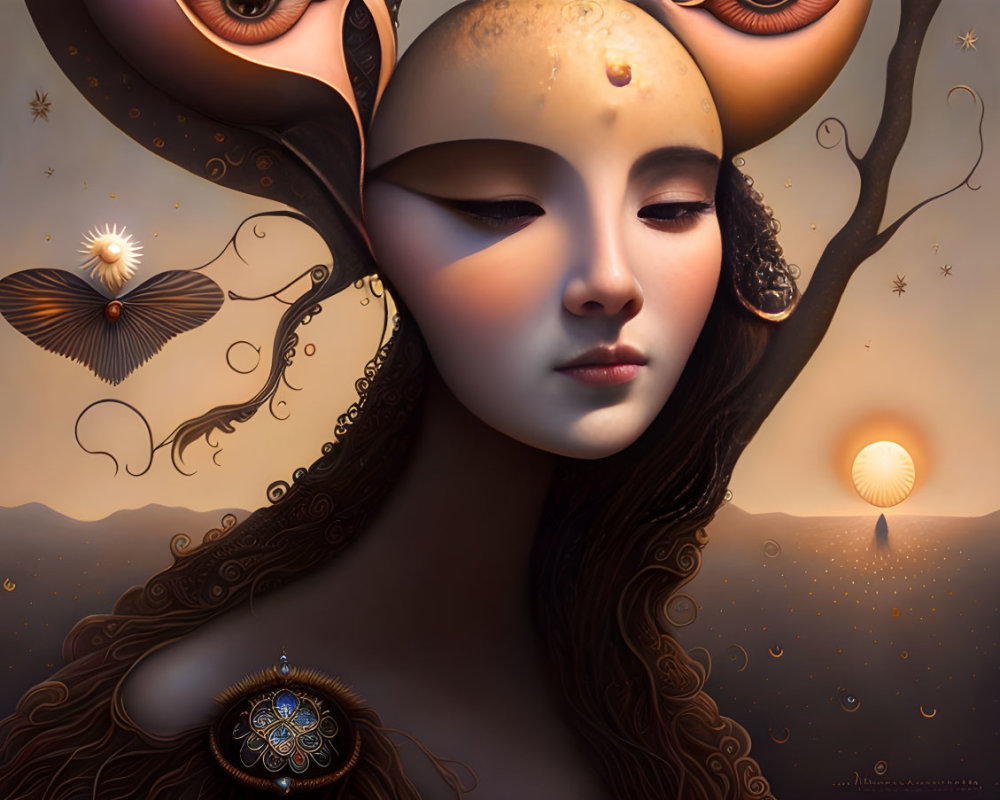 Surreal art of woman with celestial features and golden ornaments against sunset sky