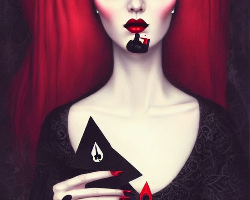 Stylized illustration of woman with red hair and spade card