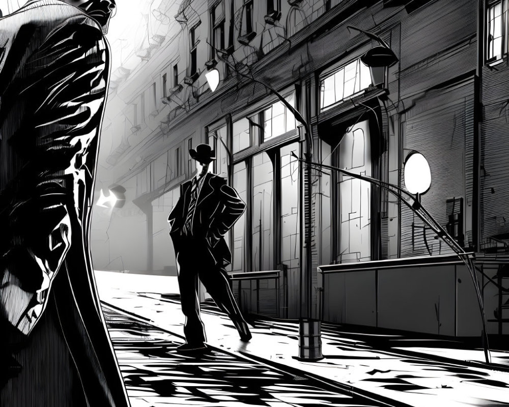 Monochrome illustration of mysterious figures in trench coats on city street