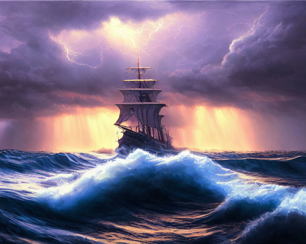 Tall ship sailing in stormy seas with lightning and rain