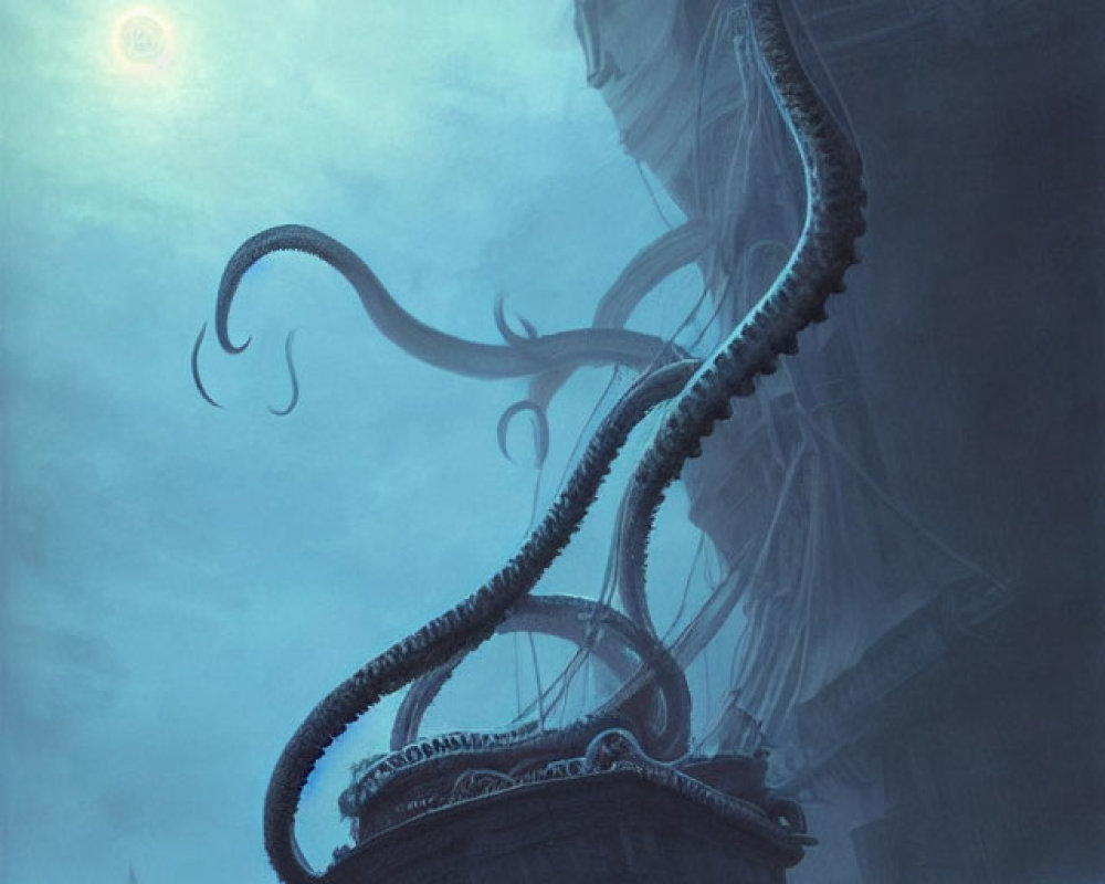 Gigantic tentacled creature envelops shipwreck in misty ocean scene