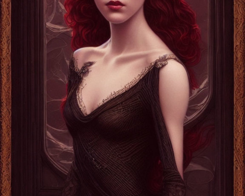 Striking red-haired woman in black lace dress in ornate setting