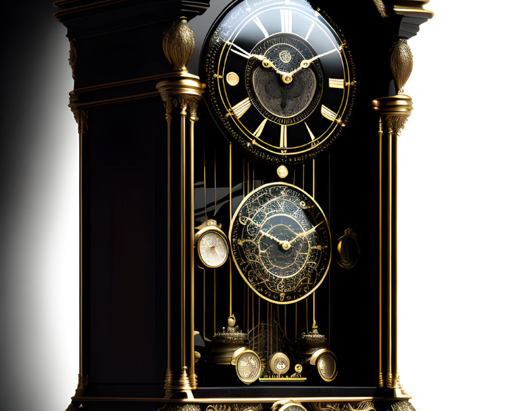 Intricate Gold-Detailed Antique Grandfather Clock on Dark Gradient Background