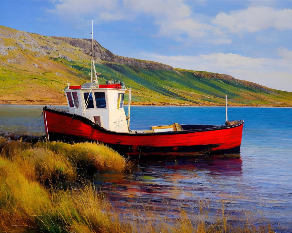 Colorful painting of red and white boat by serene shore and blue sky.