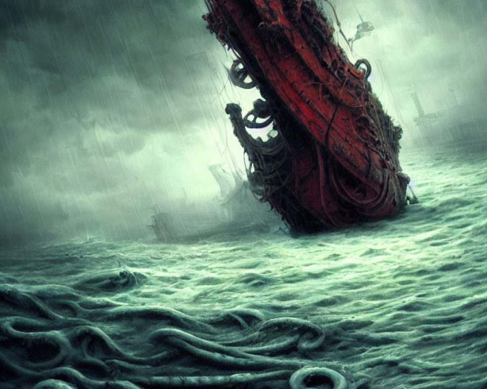 Ghostly Red Ship Entangled in Dark Sea Tentacles Amid Stormy Sky