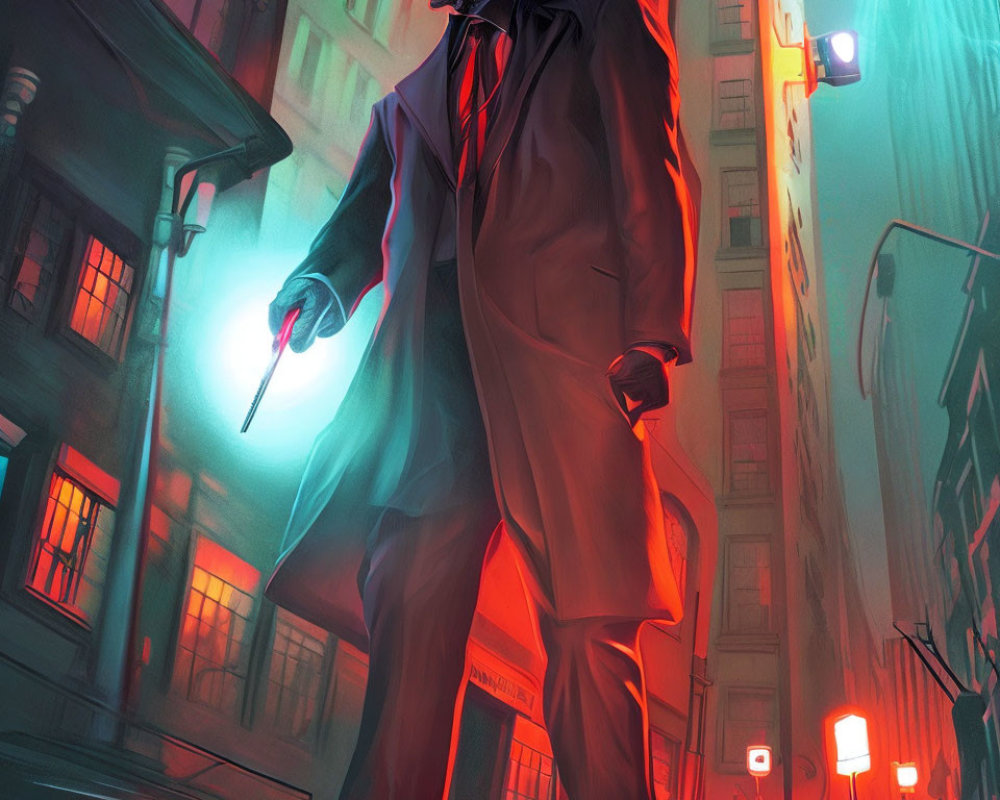 Stylized towering figure in trench coat and fedora with glowing orb on neon-lit city street