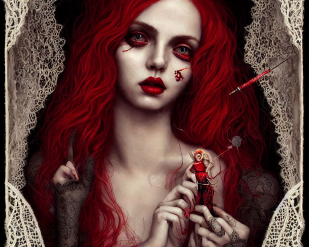 Gothic-inspired portrait of pale woman with red hair and surreal elements