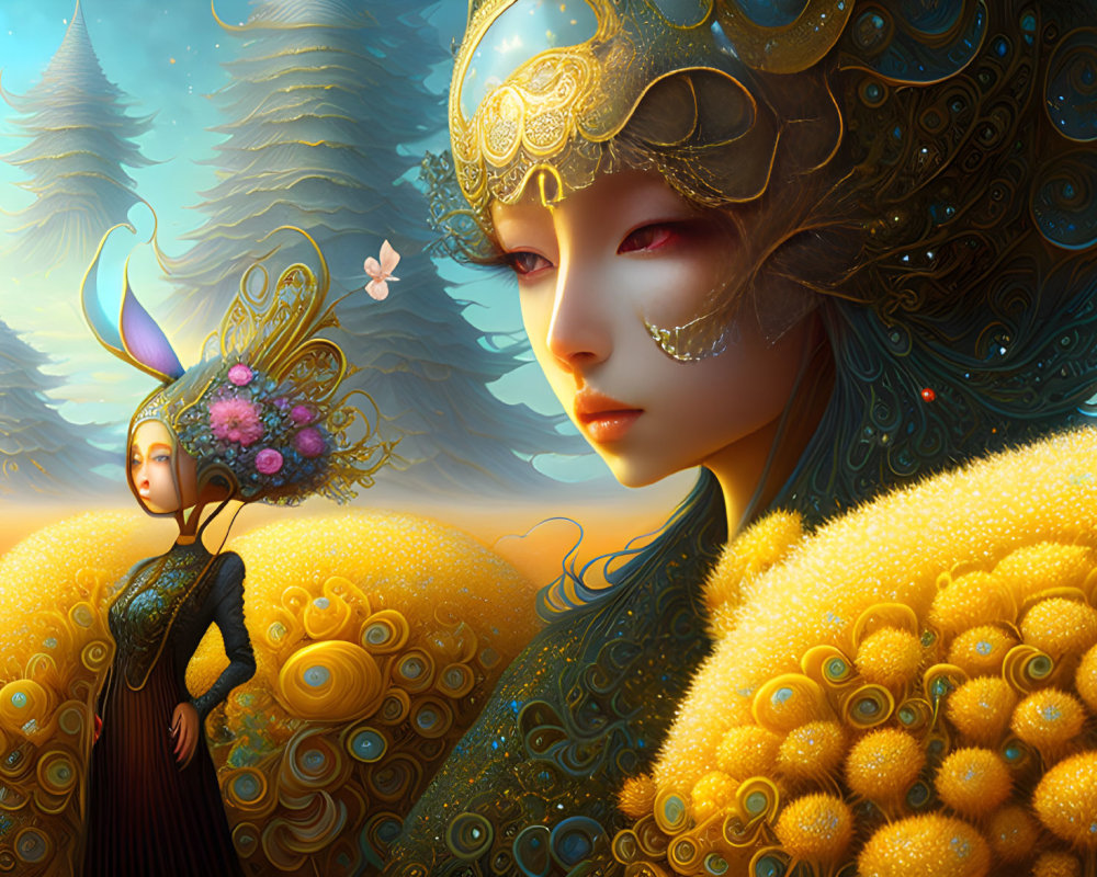 Golden masked entity observes small figure with butterfly wings in vibrant forest.