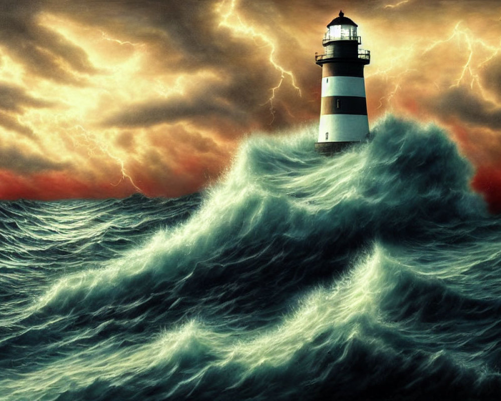 Stormy sky lighthouse in turbulent sea waves