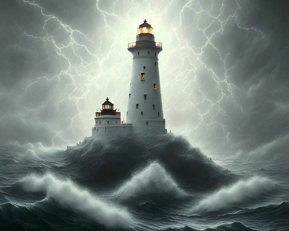 Towering lighthouse in stormy ocean with lightning strikes