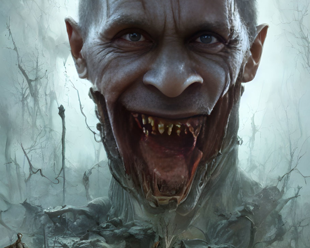 Hyperrealistic Male Figure with Large Grotesque Mouth in Eerie Swamp Scene