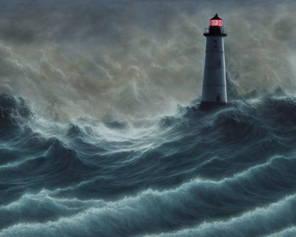 Stormy sea with towering waves and lightning around lighthouse