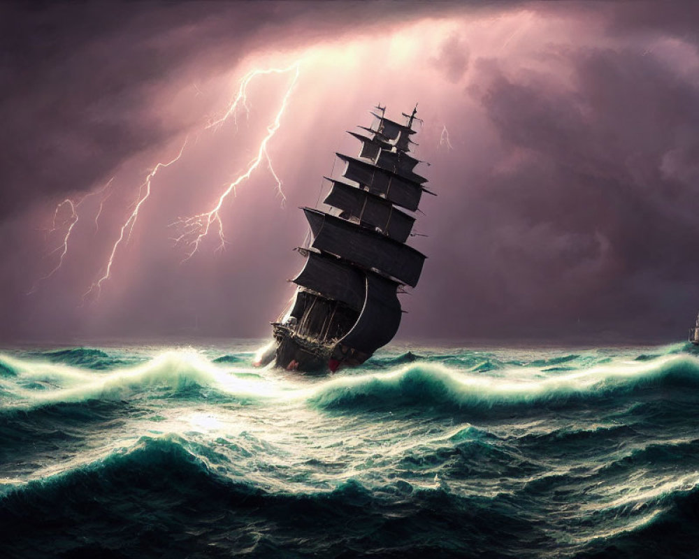 Tall ship sailing in stormy seas with lightning strikes