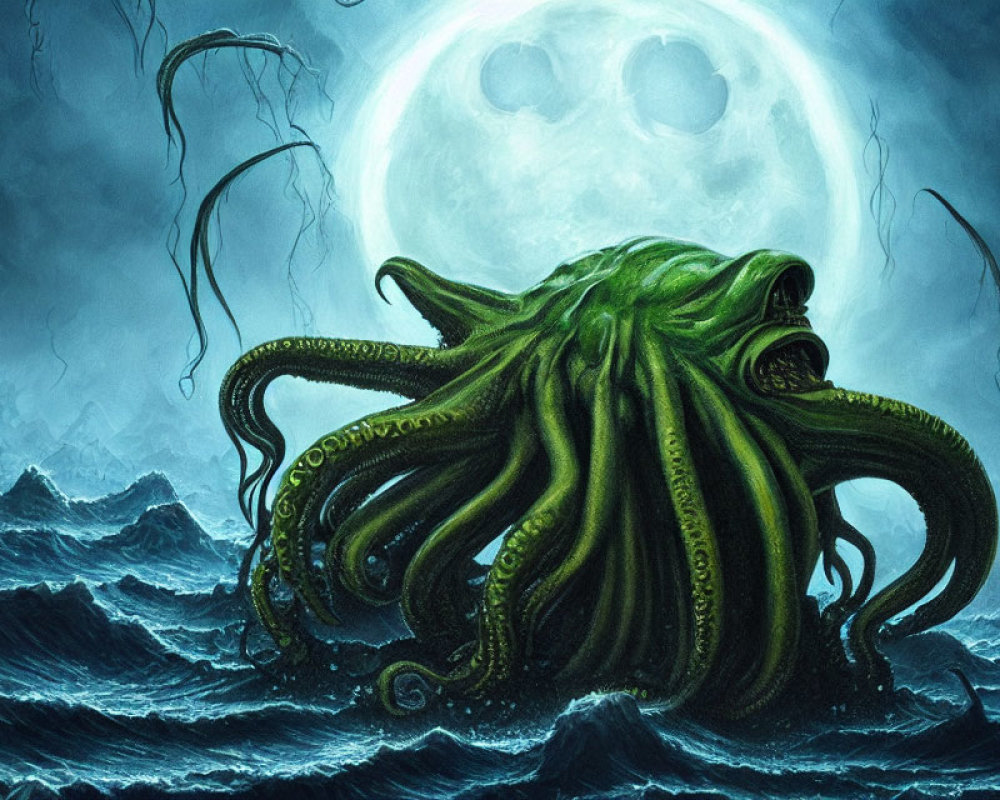 Large Green Octopus Emerges from Turbulent Ocean Under Full Moon