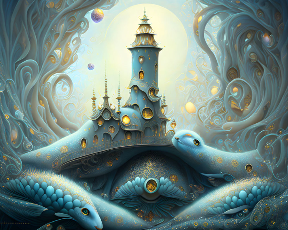 Whimsical painting of serpentine castle with sea creatures and cosmic tree