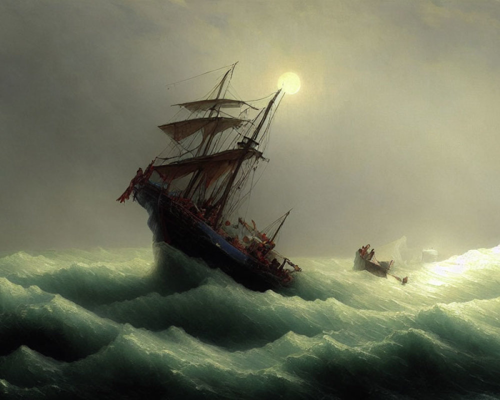 Vintage sailing ship in stormy seas with sun rays and small boat.