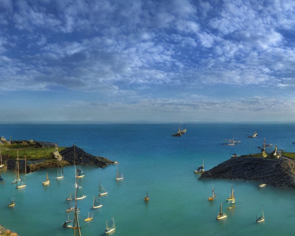 Tranquil Harbor with Anchored Boats and Rocky Shores