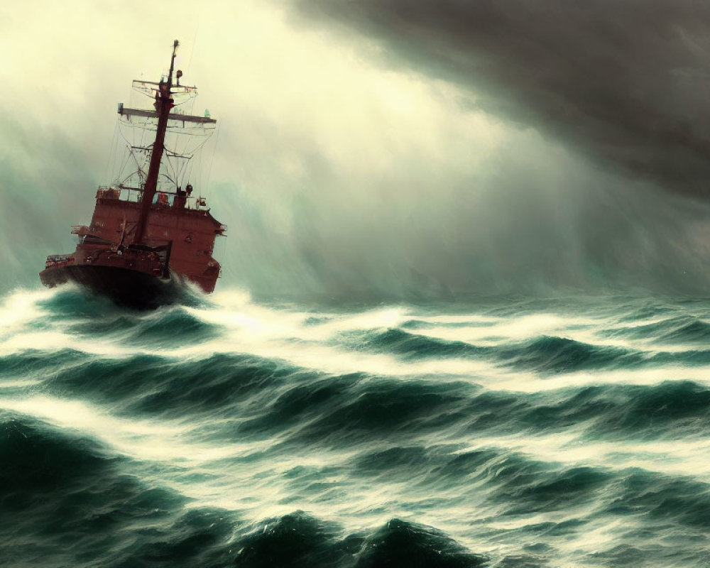 Ship battles stormy sea waves under greenish-grey sky