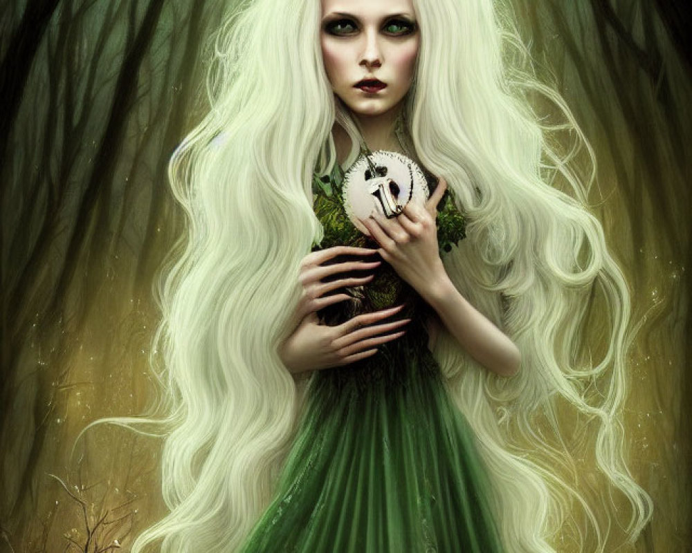 Mystical woman with long white hair holding a skull in a gloomy forest