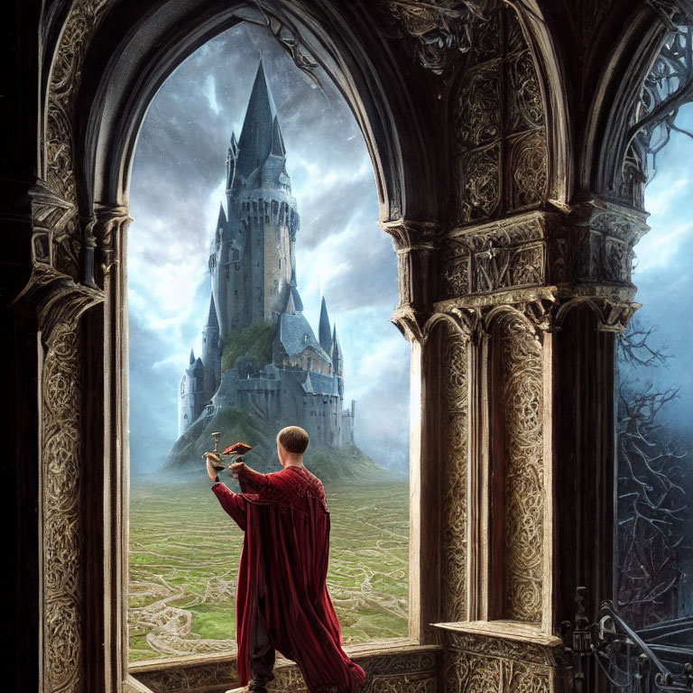 Person in Red Cloak Stands in Gothic Window with Castle View