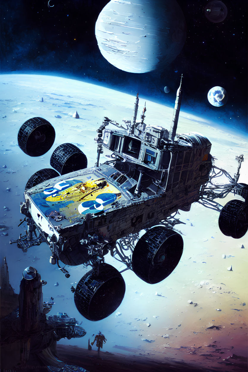 Six-wheeled rover exploring moon-like landscape with planets and astronaut.